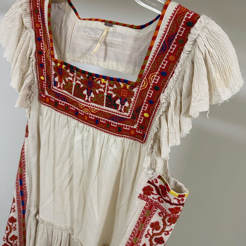 Free People Embroidered Ivory Dress with Red Accents and Open Back - Picture 2 of 5